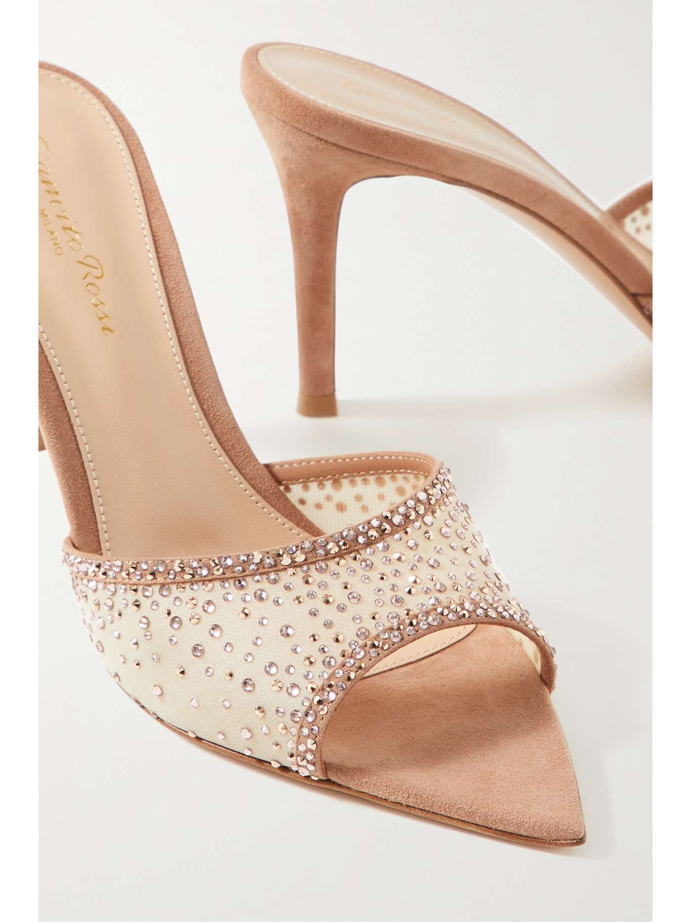 GIANVITO ROSSI
Rania 85 Suede Organza Embellished Mules