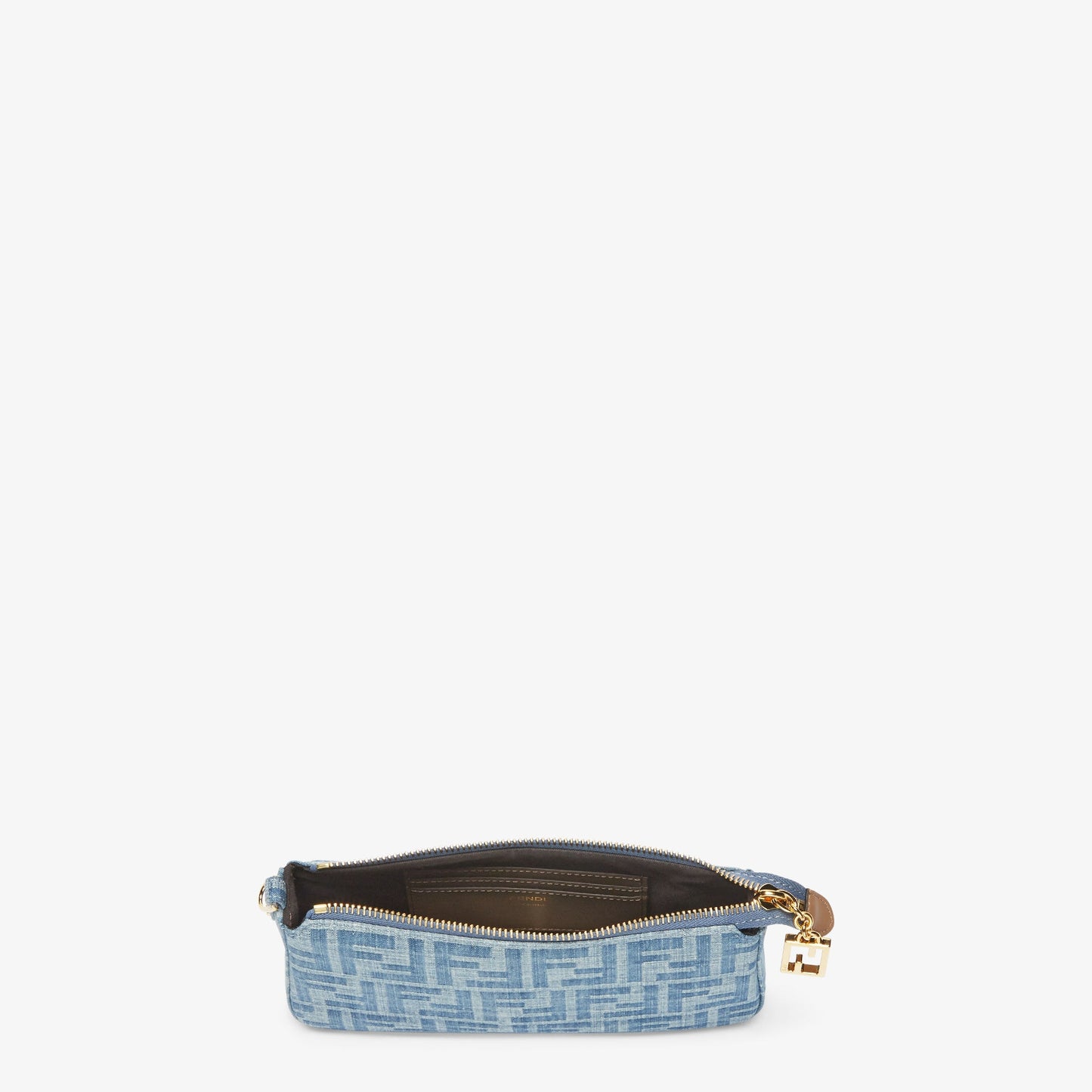 Baguette Pouch
Light blue FF denim fabric pouch with chain