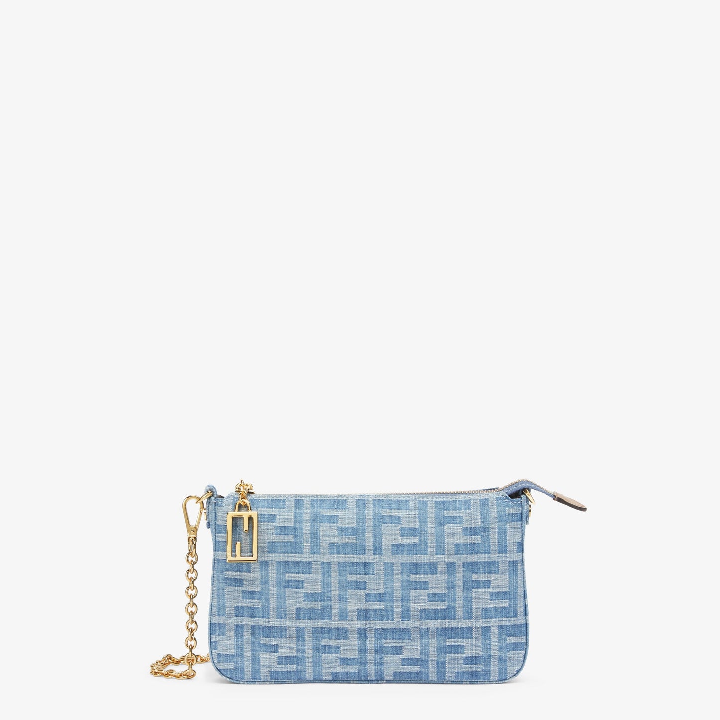 Baguette Pouch
Light blue FF denim fabric pouch with chain